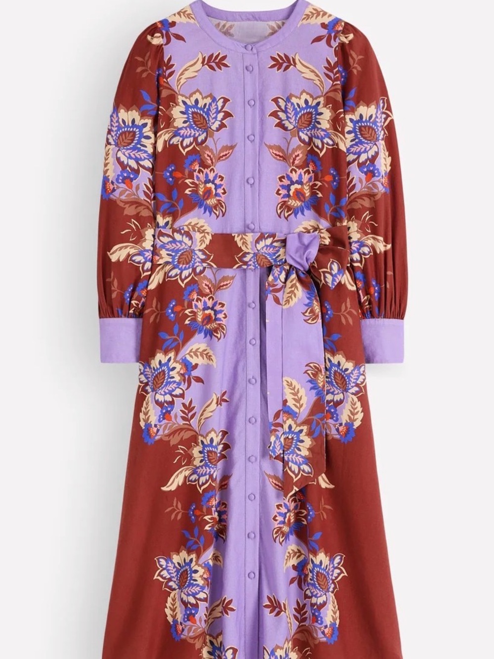 Boden Rust and Lilac Floral Button-Front Long Sleeve Dress